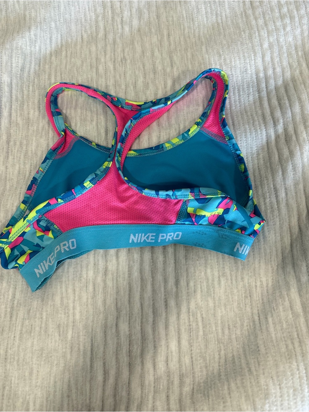 Nike Pro Teal, Pink & Neon Patterned Racerback Sports Bra